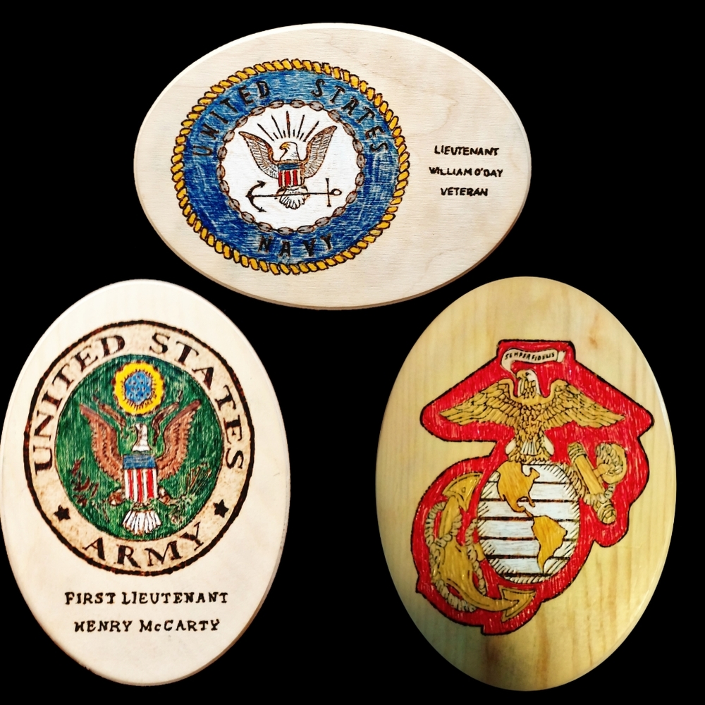 CUSTOM WOOD BURNS INSIGNIAS, LOGOS, AND SHIELDS